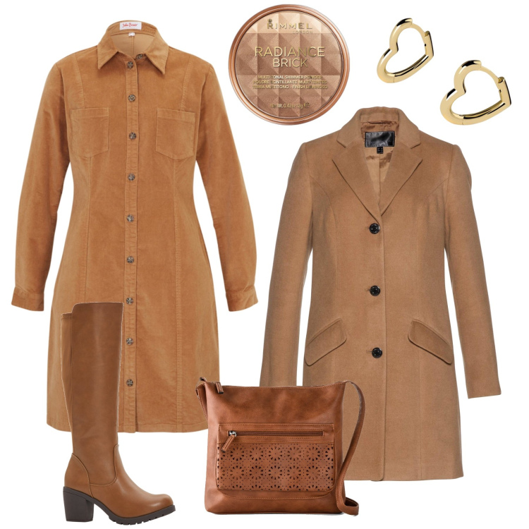 Outfit donna - Cuoio, cammello, cognac. Stile Trendy per Tutti i giorni. Abbinamento con stivali, borse a tracolla, vestiti, cappotti, terre, orecchini.