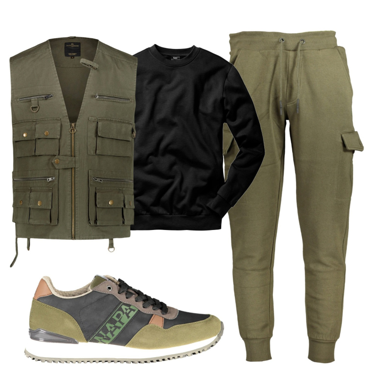 Outfit uomo - Weekend. Stile Casual per Tutti i giorni. Abbinamento con felpe, gilet, pantaloni, scarpe sportive.