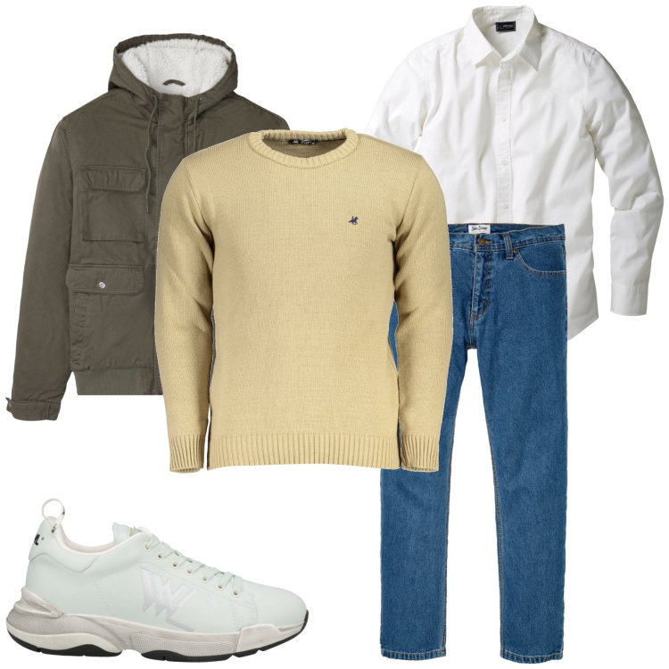 Outfit uomo - Il mio modo di vivere. Stile Casual per Tutti i giorni. Abbinamento con camicie, jeans dritti, piumini, sneakers, maglieria.
