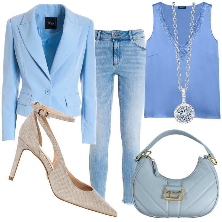 Outfit donna - Azul. Stile Casual chic per Ufficio. Abbinamento con collane, décolleté, blazer, jeans skinny, top, borse a spalla.
