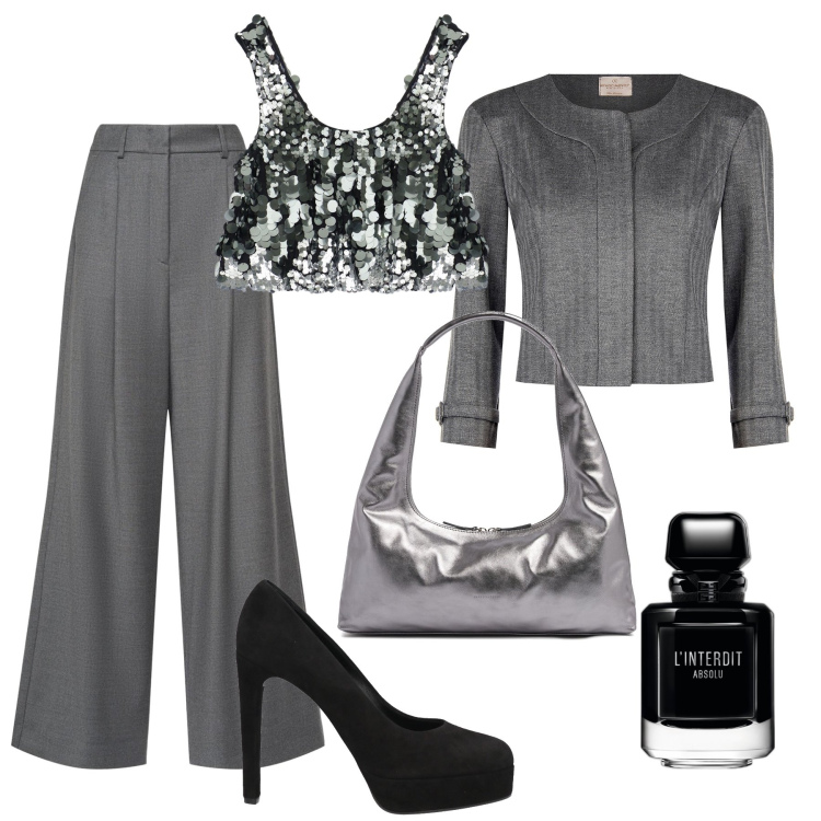 Outfit donna - Gran serata evento. Stile Chic per Serata fuori. Abbinamento con décolleté, profumi, blazer, top, borse a spalla, pantaloni.