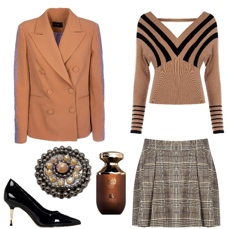 Outfit donna - Varianti di marrone. Stile Preppy per Serata fuori. Abbinamento con profumi, minigonne, maglieria, décolleté, blazer, anelli.