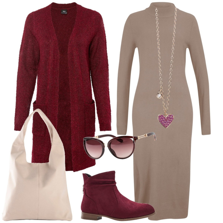 Outfit donna - Rosso granato. Stile Basic per Tutti i giorni. Abbinamento con occhiali da sole, cardigans, stivaletti, vestiti, shopping bag, collane.