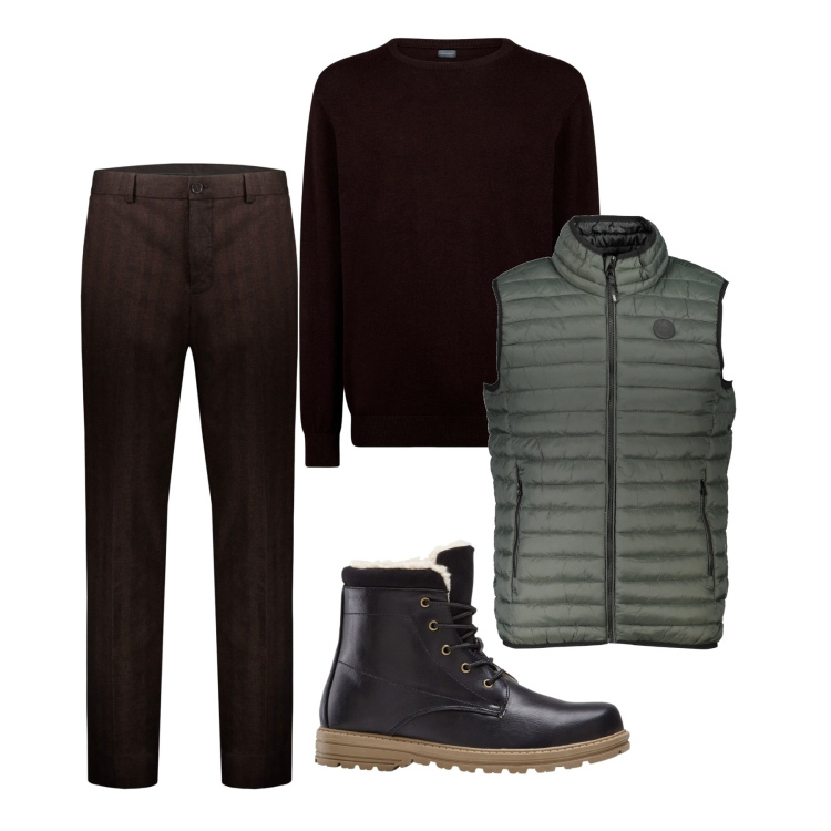 Outfit uomo - Dark brown e salvia. Stile Urban per Serata speciale. Abbinamento con stivali e stivaletti, maglieria, pantaloni, giacche.