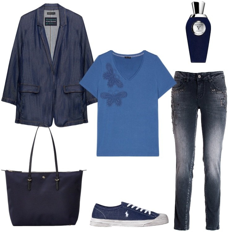Outfit donna - Total blue. Stile Casual per Ufficio. Abbinamento con profumi, jeans skinny, borse tote, sneakers, blazer, t-shirt.