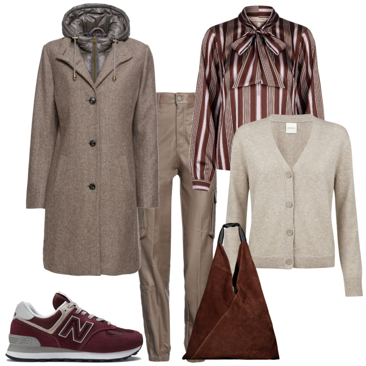 Outfit donna - Total look #1969410. Stile Trendy per Ufficio. Abbinamento con cappotti, pantaloni cargo, bluse, sneakers, cardigans, borse a spalla.