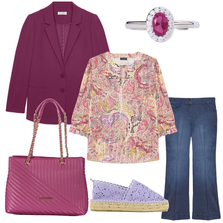 Outfit donna - Colori di moda. Stile Etnico per Ufficio. Abbinamento con anelli, espadrillas, blazer, bluse, borse a spalla, jeans.