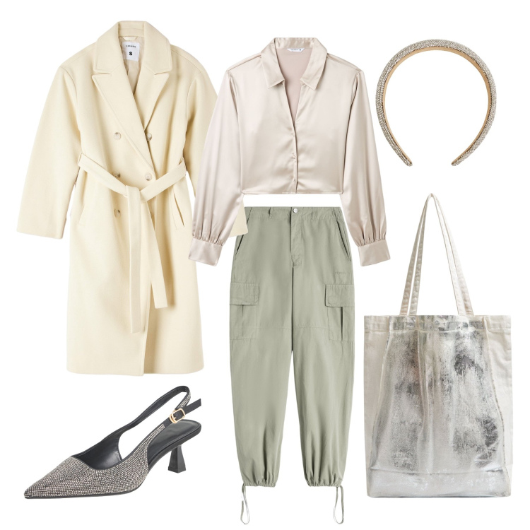 Outfit donna - Autunno splendente. Stile Glamour per Serata fuori. Abbinamento con cappotti, cerchietti, shopping bag, camicie, décolleté, pantaloni cargo.