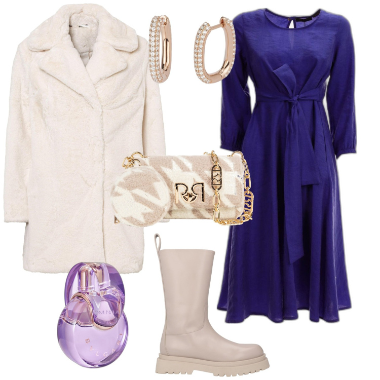 Outfit donna - Total look #1969420. Stile Chic per Serata fuori. Abbinamento con ecopellicce, stivali, profumi, orecchini, borse a tracolla, vestiti lunghi.