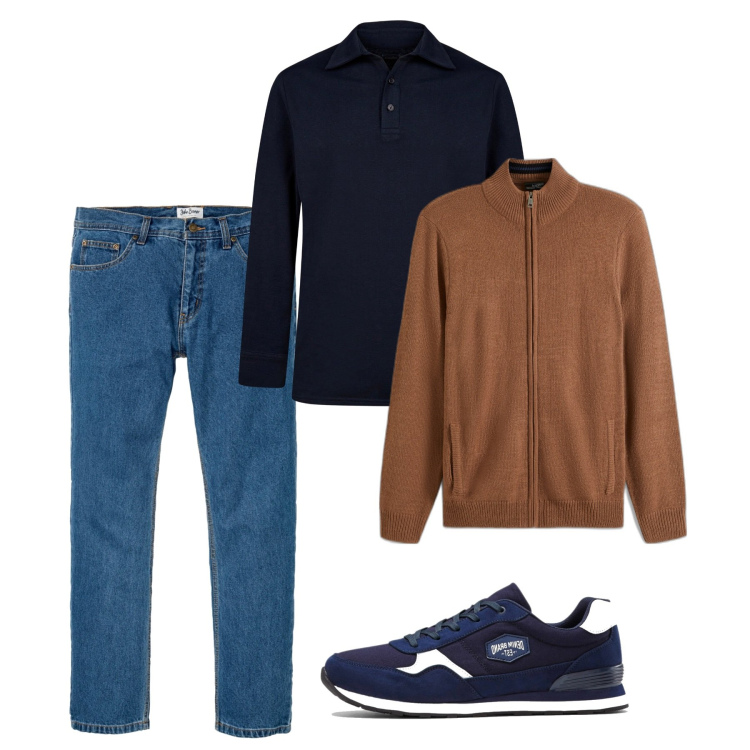 Outfit uomo - Caramello e blu. Stile Casual per Tutti i giorni. Abbinamento con sneakers, jeans dritti, cardigans, polo.