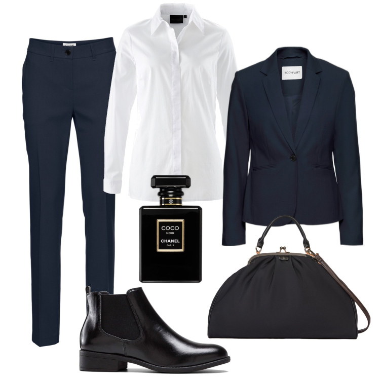 Outfit donna - Blu e nero: parola di Y.S.Lauren !. Stile Mannish per Ufficio. Abbinamento con blazer, pantaloni, camicie, stivaletti chelsea, profumi, borse a tracolla.
