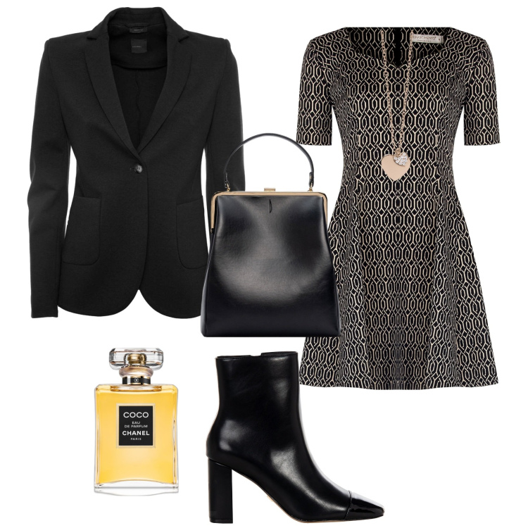 Outfit donna - Total look #1969438. Stile Vintage retrò per Serata fuori. Abbinamento con profumi, ciondoli, vestiti corti, stivaletti, blazer, borse a spalla.