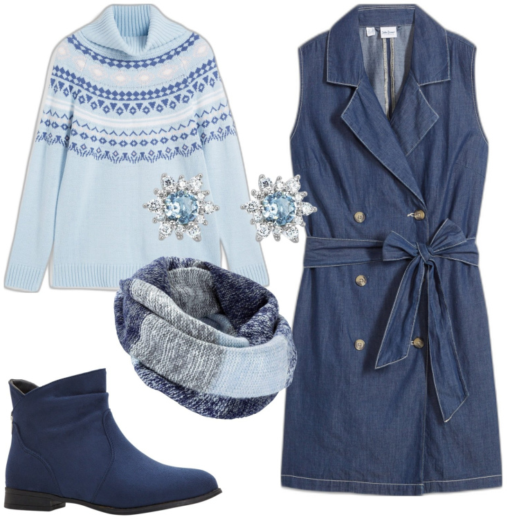 Outfit donna - Total look #1969443. Stile Casual per Tutti i giorni. Abbinamento con foulard, stivaletti, vestiti, maglieria, orecchini.