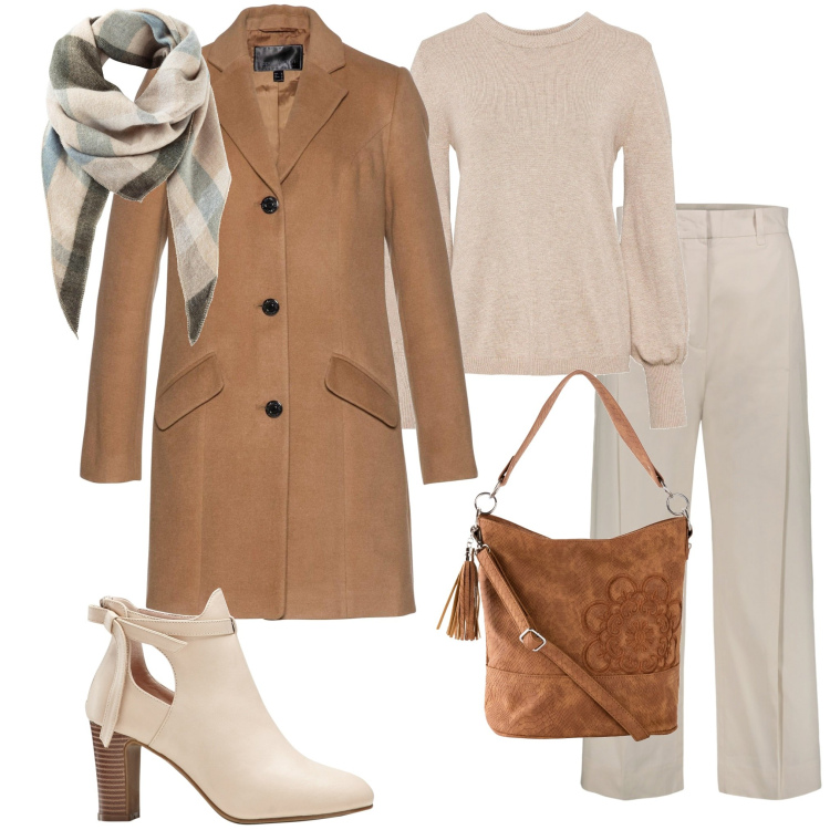 Outfit donna - In ufficio. Stile Basic per Ufficio. Abbinamento con stivaletti, maglieria, borse a mano, sciarpe, cappotti, pantaloni.
