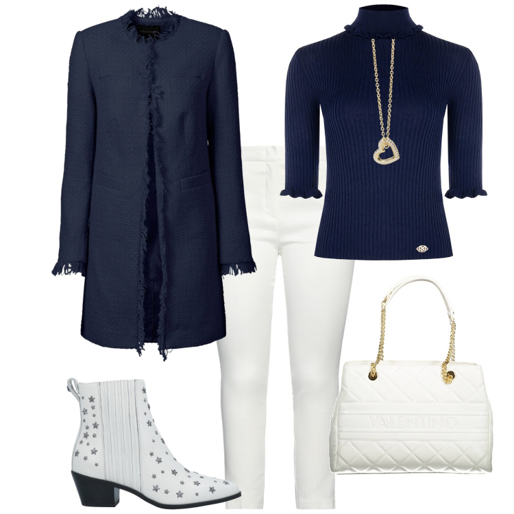 Outfit donna - Total look #1969448. Stile Trendy per Ufficio. Abbinamento con blazer, pantaloni, stivaletti chelsea, collane, maglieria, borse a spalla.