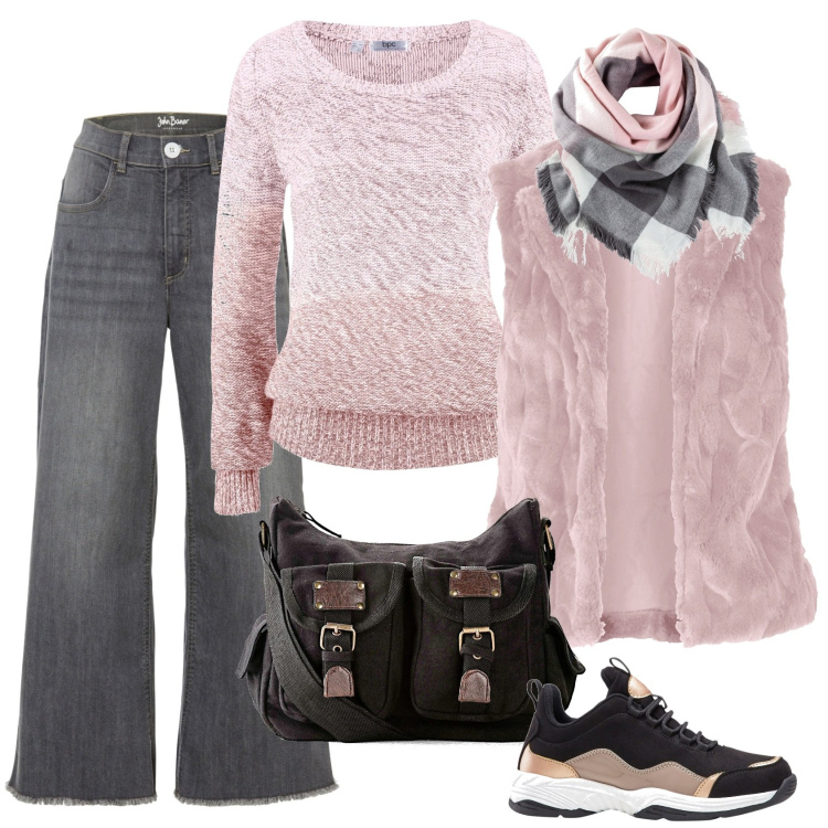 Outfit donna - Grigio e rosa. Stile Casual per Scuola/Università. Abbinamento con maglieria, jeans, gilet, sneakers, foulard, borse a tracolla.