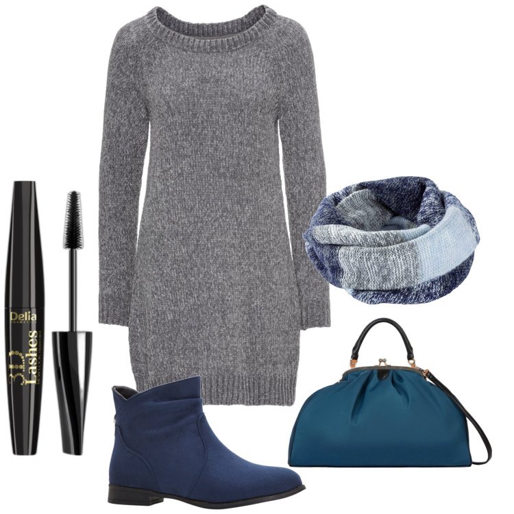 Outfit donna - Dettagli blu. Stile Bon Ton per Tutti i giorni. Abbinamento con vestiti, stivaletti, foulard, mascara, borse a spalla.