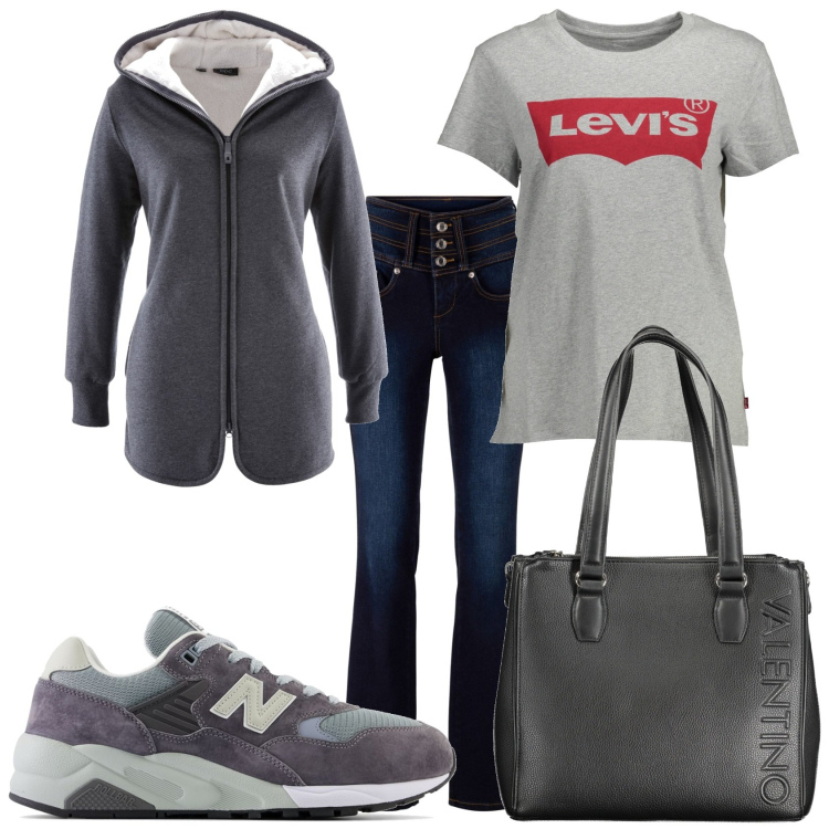 Outfit donna - Il grigio chiaro e scuro. Stile Urban per Tutti i giorni. Abbinamento con jeans bootcut, felpe, sneakers, t-shirt, borse a spalla.