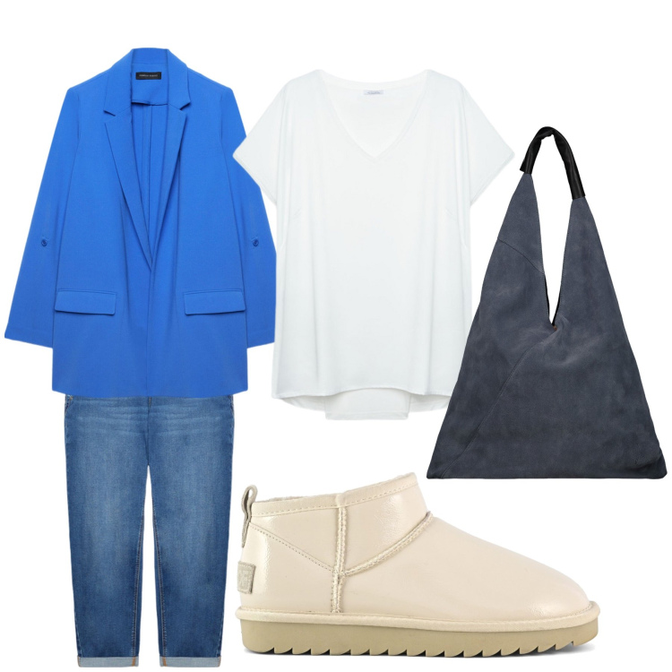 Outfit donna - Aperitivo. Stile Trendy per Tutti i giorni. Abbinamento con t-shirt, stivali, blazer, borse a spalla, jeans.