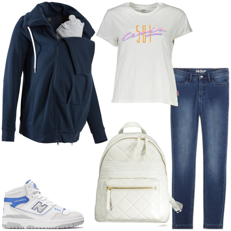 Outfit donna - A spasso con il bebè. Stile Casual per Tutti i giorni. Abbinamento con felpe, jeans skinny, sneakers, zaini, t-shirt.
