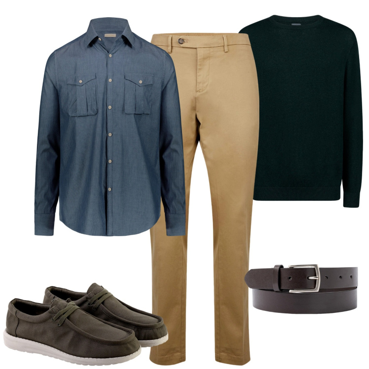 Outfit uomo - Total look #1969537. Stile Urban per Tutti i giorni. Abbinamento con camicie, pantaloni chino, scarpe stringate, maglieria, cinture.