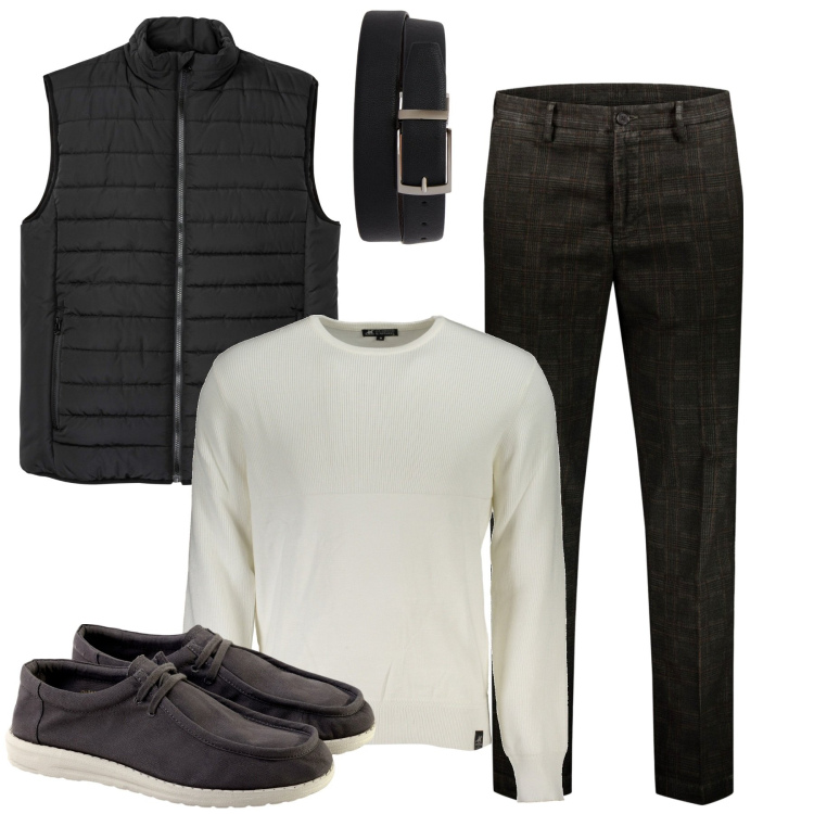 Outfit uomo - City. Stile Urban per Tutti i giorni. Abbinamento con gilet, cinture, pantaloni, maglieria, scarpe stringate.