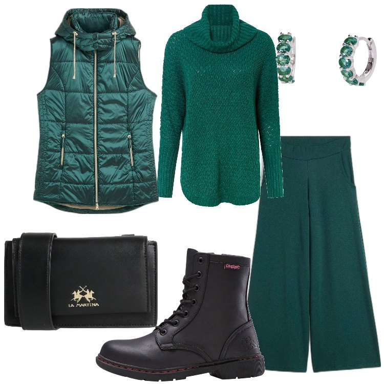 Outfit donna - Grintosa in verde. Stile Trendy per Tutti i giorni. Abbinamento con gilet, maglieria, pantaloni culotte, stivaletti, borse a tracolla, orecchini.