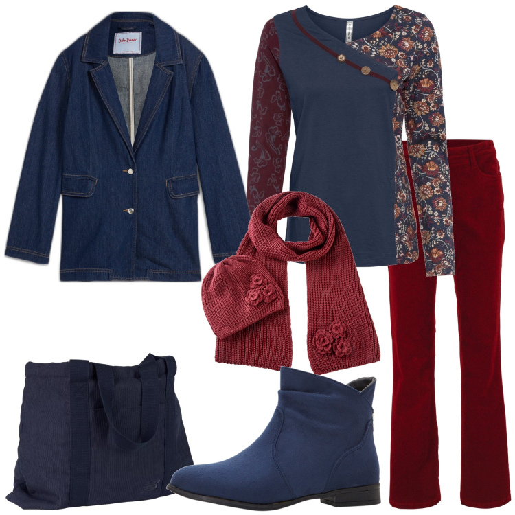 Outfit donna - Blu e bordeaux ad ottobre. Stile Basic per Tutti i giorni. Abbinamento con maglieria, pantaloni, stivaletti, blazer, sciarpe, borse tote.