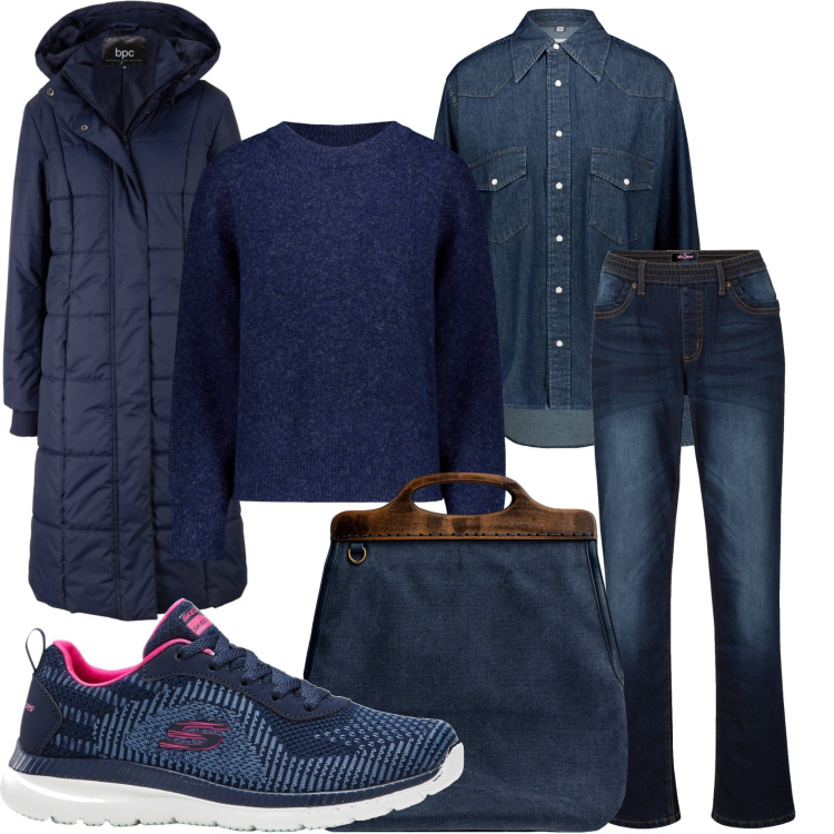 Outfit donna - Blu totale. Stile Casual per Tutti i giorni. Abbinamento con blazer, jeans dritti, sneakers, borse a tracolla, maglieria, camicie.