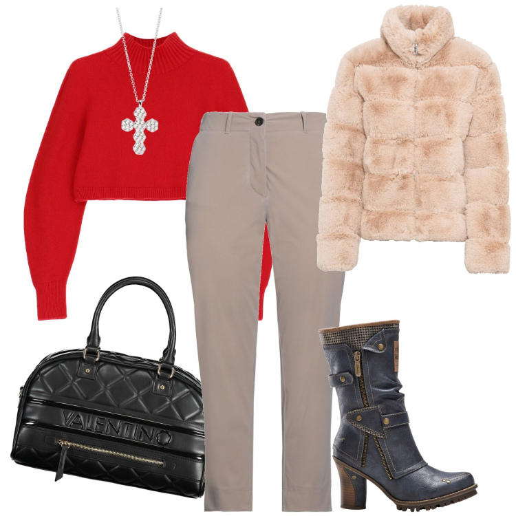Outfit donna - Total look #1969594. Stile Casual chic per Scuola/Università. Abbinamento con ecopellicce, stivali, pantaloni, ciondoli, maglieria, borse a spalla.