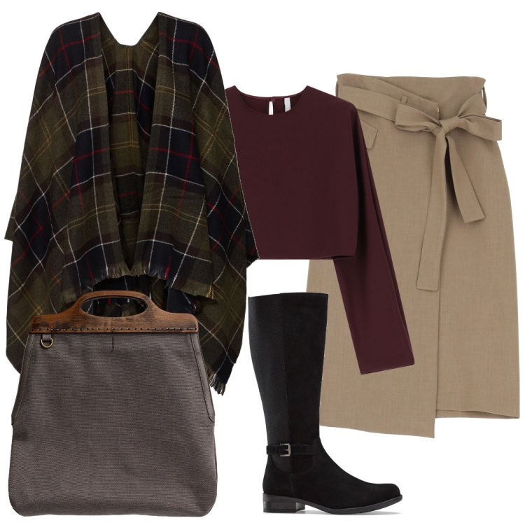 Outfit donna - L’attuale mantella scozzese. Stile Chic per Ufficio. Abbinamento con stivali, gonne longuette, maglieria, borse a tracolla, cappe.