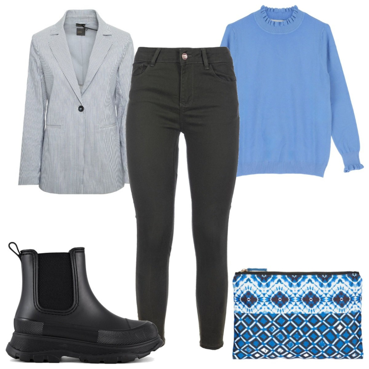 Outfit donna - Bantoa Mid Season Sale: in blu. Stile Trendy per Tutti i giorni. Abbinamento con jeans skinny, maglieria, stivali, blazer, pochette.
