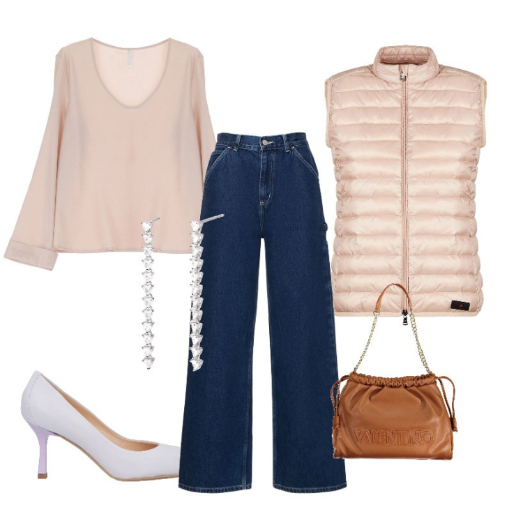 Outfit donna - Ufficio. Stile Casual per Ufficio. Abbinamento con décolleté, orecchini, camicie, piumini, borse a spalla, pantaloni.