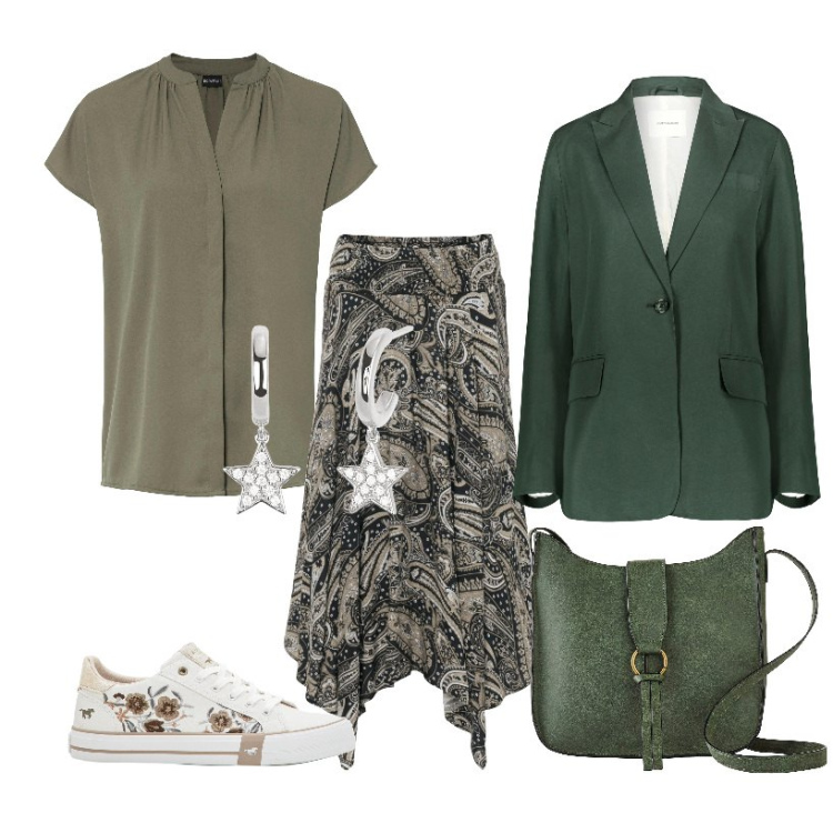 Outfit donna - Verde low cost. Stile Casual per Tutti i giorni. Abbinamento con sneakers, gonne longuette, borse a tracolla, bluse, orecchini, blazer.