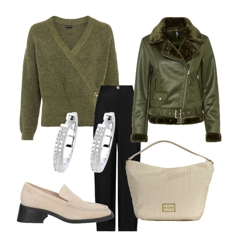 Outfit donna - Casual. Stile Casual per Tutti i giorni. Abbinamento con maglieria, blazer, pantaloni, mocassini, orecchini, pochette.