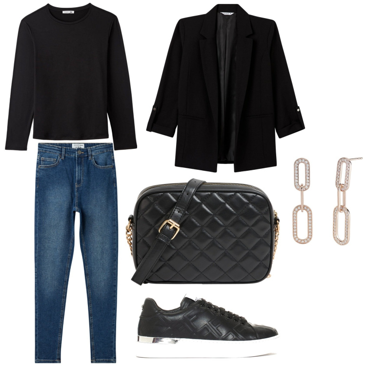 Outfit donna - Black jeans. Stile Casual per Tutti i giorni. Abbinamento con blazer, borse a tracolla, t-shirt, jeans skinny, orecchini, sneakers.