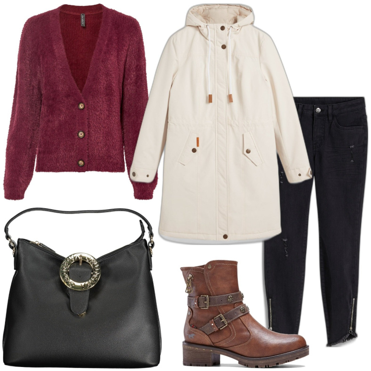 Outfit donna - La borsa con fibbia. Stile Casual per Ufficio. Abbinamento con jeans skinny, blazer, cardigans, stivaletti, borse a spalla.