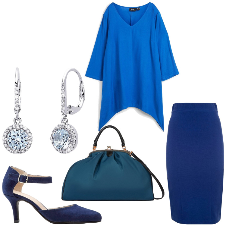 Outfit donna - Blu con blu. Stile Casual chic per Ufficio. Abbinamento con décolleté, tuniche, orecchini, gonne, borse a spalla.