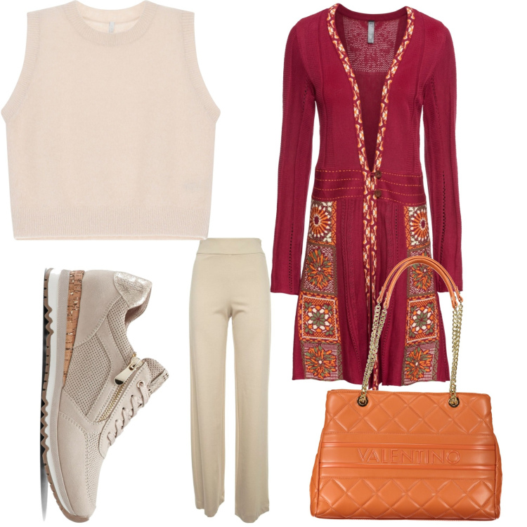 Outfit donna - Un bel cardigan. Stile Boho per Ufficio. Abbinamento con sneakers, cardigans, maglieria, borse a spalla, pantaloni.