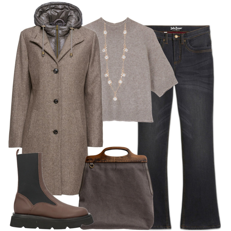 Outfit donna - In città con stile. Stile Urban per Tutti i giorni. Abbinamento con cappotti, jeans bootcut, stivaletti chelsea, collane, maglieria, borse a tracolla.