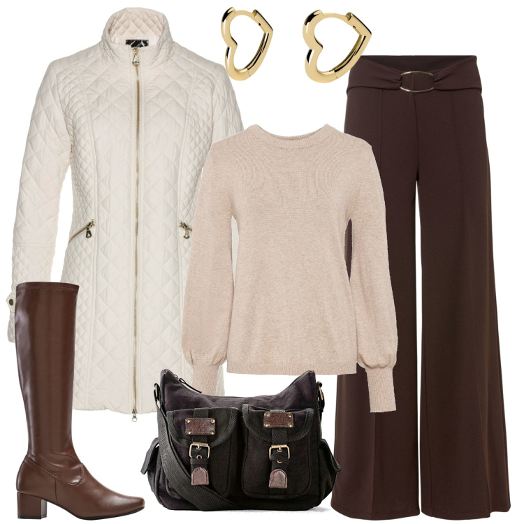 Outfit donna - City. Stile Minimal per Tutti i giorni. Abbinamento con maglieria, blazer, stivali, pantaloni a palazzo, borse a tracolla, orecchini.