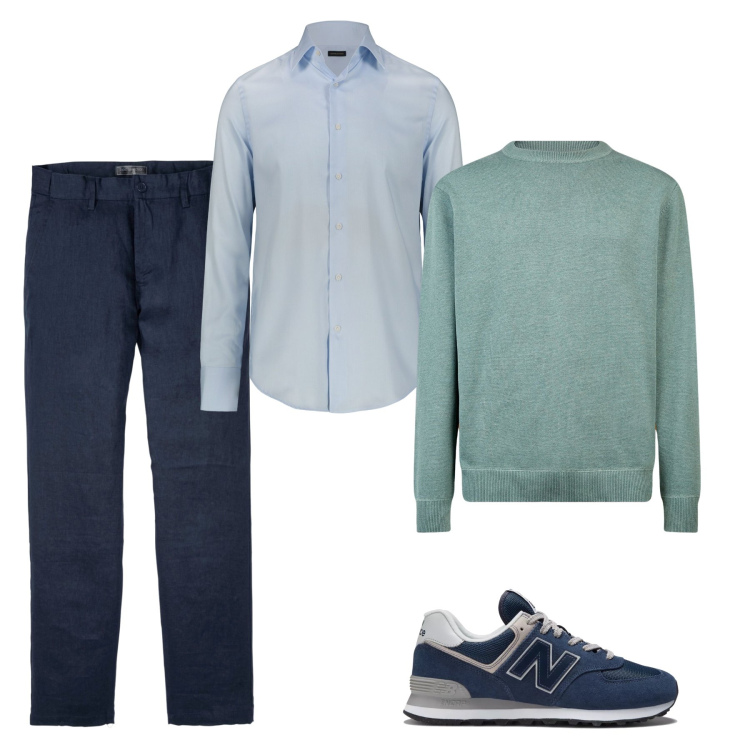 Outfit uomo - Pull acquamarina. Stile Casual per Tutti i giorni. Abbinamento con pantaloni, sneakers, camicie, maglieria.