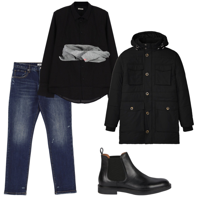 Outfit uomo - Primi freddi. Stile Casual per Tutti i giorni. Abbinamento con parka, jeans slim fit, camicie, sciarpe, stivali e stivaletti.