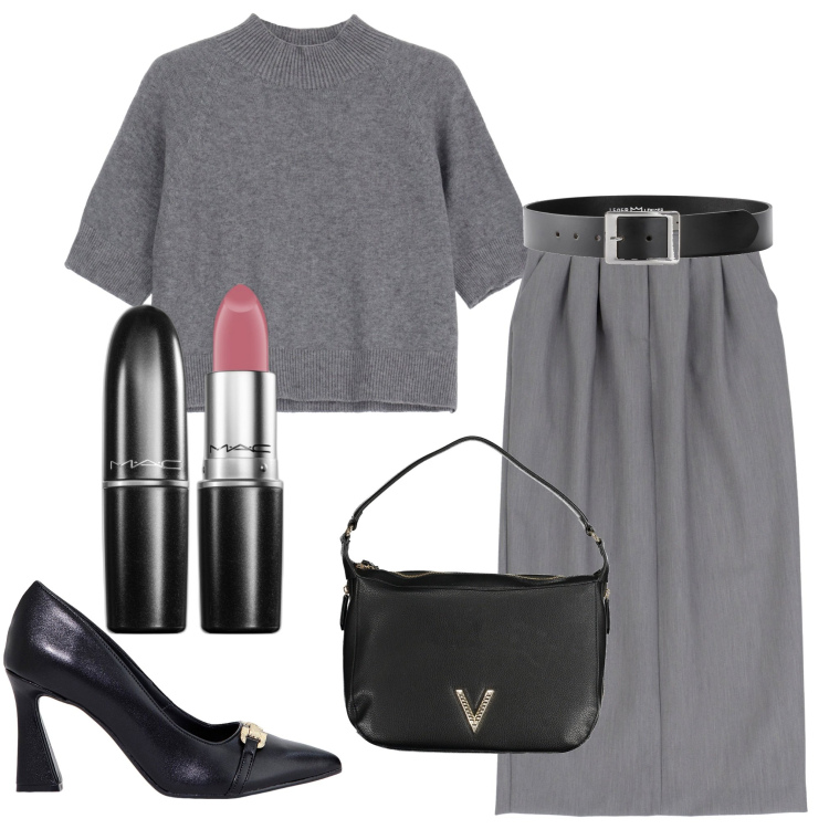 Outfit donna - In ufficio. Stile Casual chic per Ufficio. Abbinamento con cinture, rossetti, gonne lunghe, maglieria, stivaletti, borse a spalla.