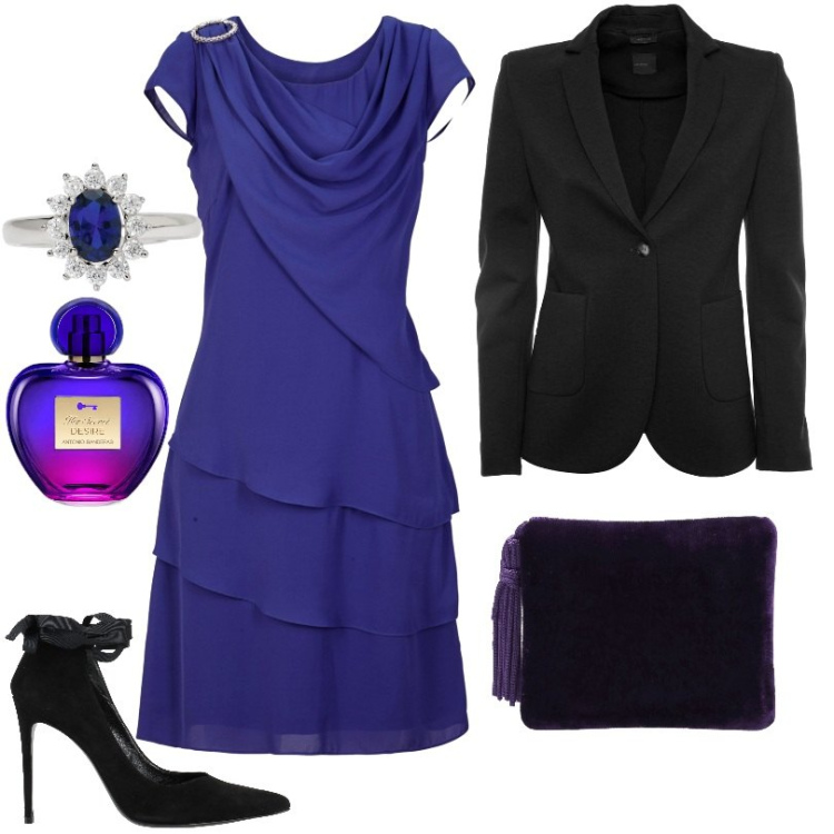 Outfit donna - Abito in chiffon a strati. Stile Chic per Serata fuori. Abbinamento con vestiti corti, décolleté, profumi, anelli, blazer, pochette.