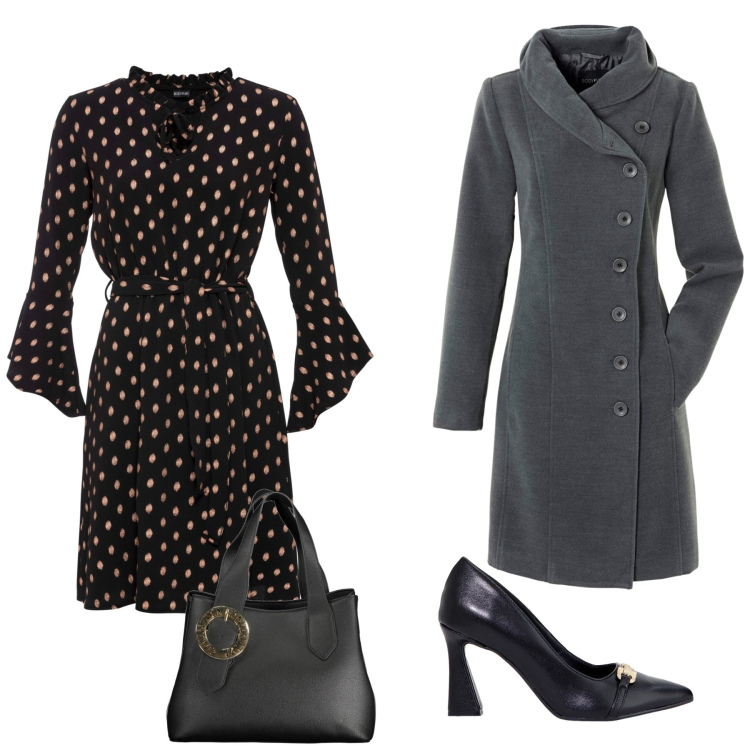 Outfit donna - Serate invernali. Stile Bon Ton per Serata fuori. Abbinamento con cappotti, vestiti, stivaletti, borse a spalla.