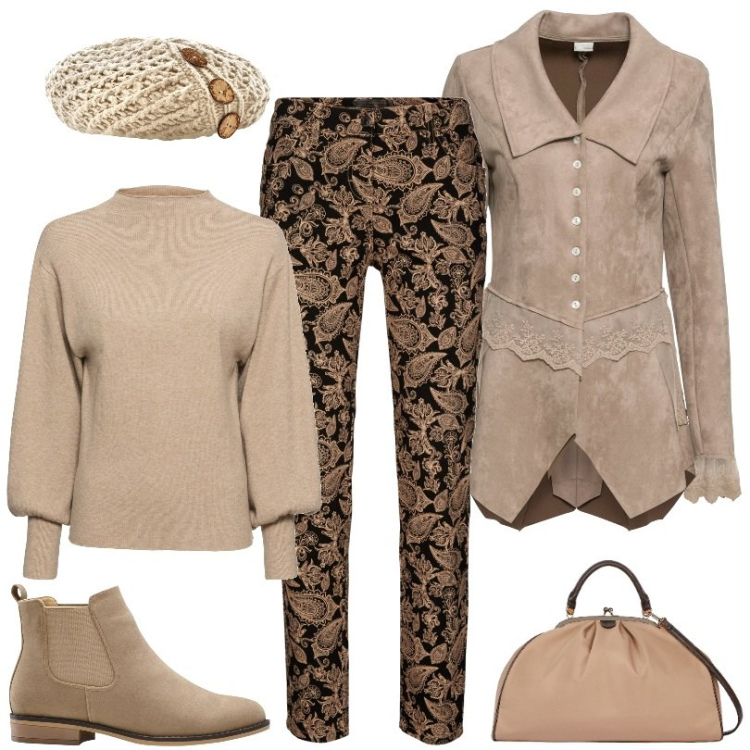Outfit donna - beige sabbia. Stile Casual per Ufficio. Abbinamento con pantaloni, maglieria, stivaletti chelsea, blazer, berretti, borse a spalla.