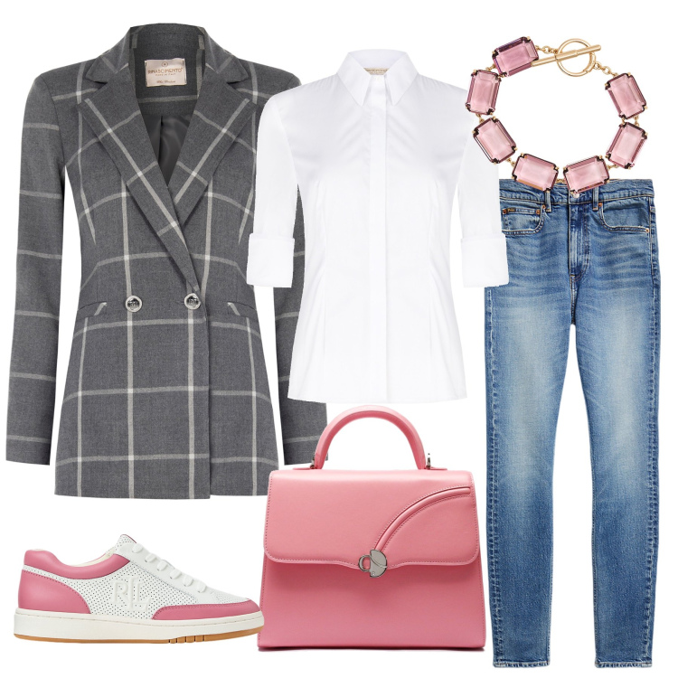 Outfit donna - checked autumn. Stile Basic per Tutti i giorni. Abbinamento con blazer, camicie, jeans slim fit, braccialetti, sneakers, borse a mano.