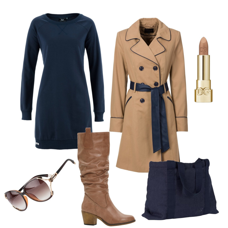 Outfit donna - Oggi spesa: abito in felpa e trench !. Stile Urban per Tutti i giorni. Abbinamento con vestiti, trench, stivali, occhiali da sole, rossetti, borse tote.