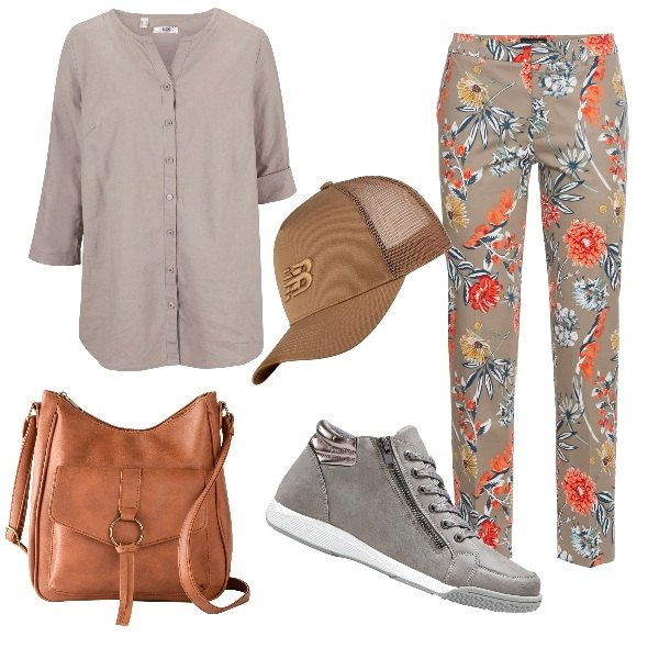 Outfit donna - Passeggiata al parco. Stile Casual per Tutti i giorni. Abbinamento con pantaloni, sneakers alte, camicie, borse a tracolla, cappelli con visiera.